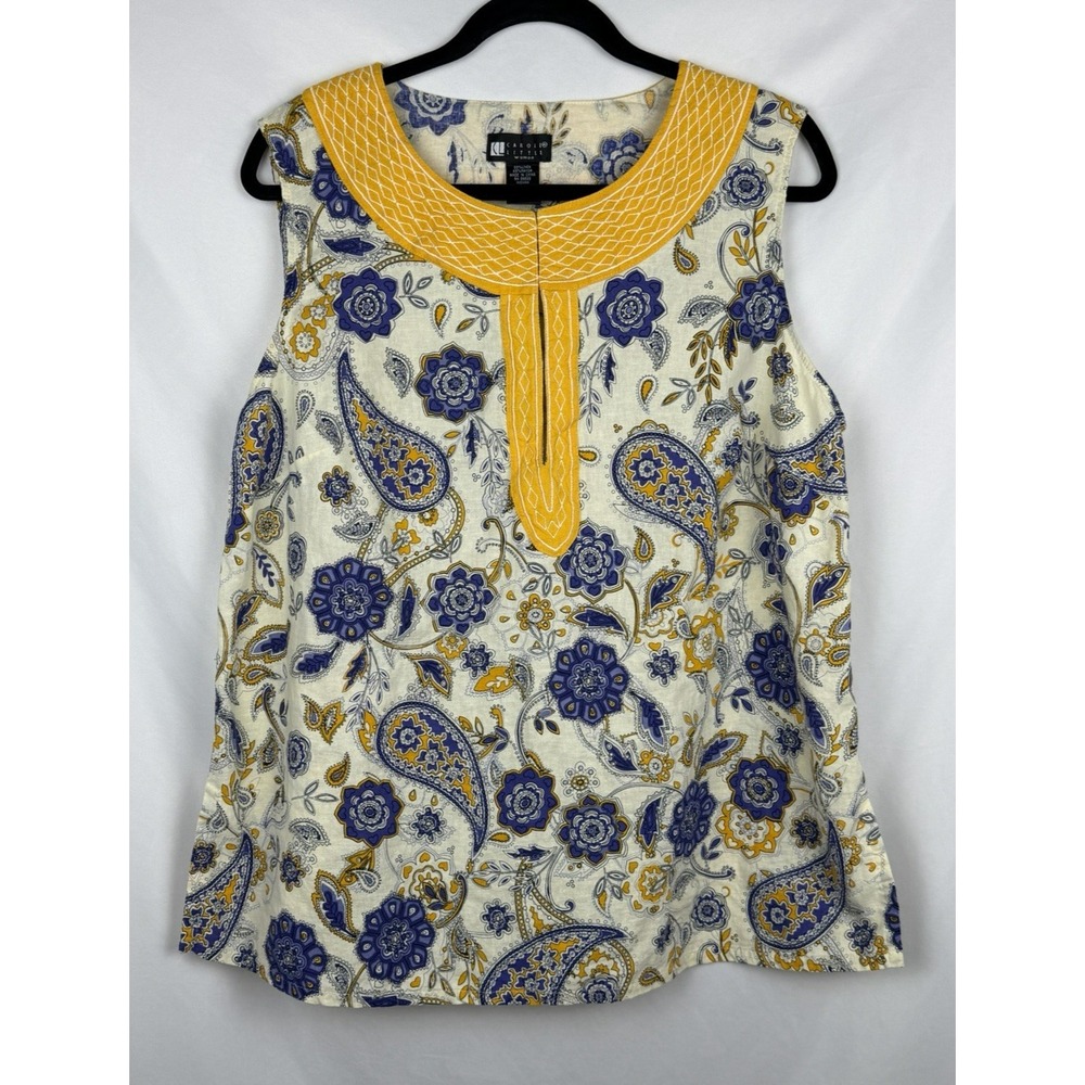 Vintage‎ Carole Little Woman 2X Linen Paisley Top Sleeveless Blouse Blue Yellow